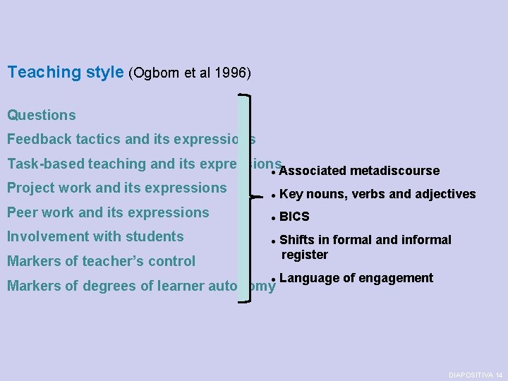 Teaching style (Ogborn et al 1996) Questions Feedback tactics and its expressions Task-based teaching