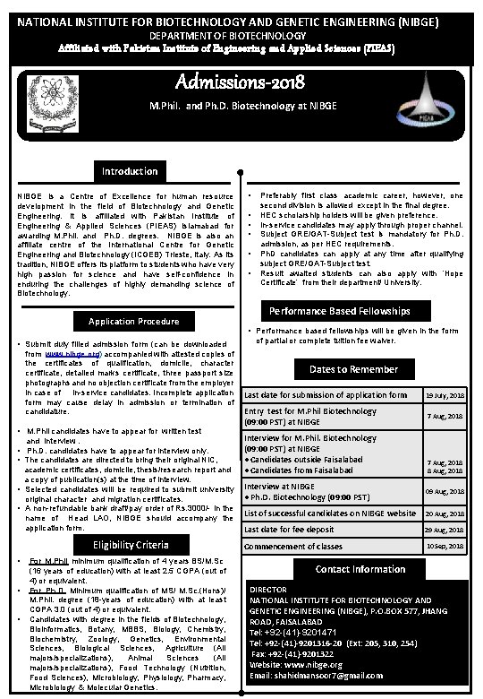 NATIONAL INSTITUTE FOR BIOTECHNOLOGY AND GENETIC ENGINEERING (NIBGE) DEPARTMENT OF BIOTECHNOLOGY Affiliated with Pakistan