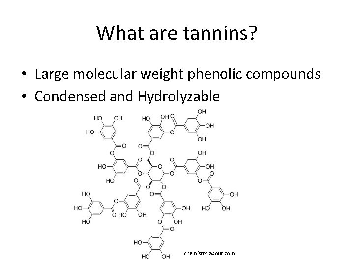 What are tannins? • Large molecular weight phenolic compounds • Condensed and Hydrolyzable chemistry.