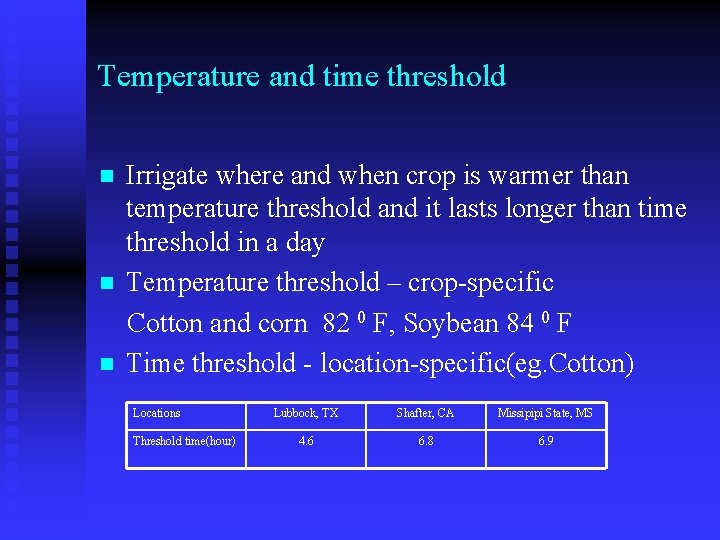 Temperature and time threshold Irrigate where and when crop is warmer than temperature threshold