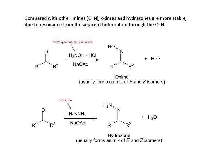 Compared with other imines (C=N), oximes and hydrazones are more stable, due to resonance