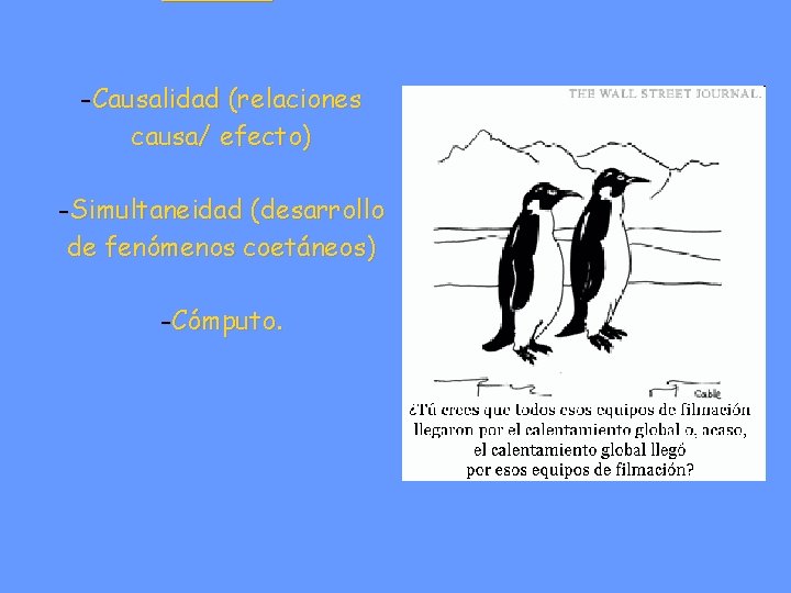 -Causalidad (relaciones causa/ efecto) -Simultaneidad (desarrollo de fenómenos coetáneos) -Cómputo. 