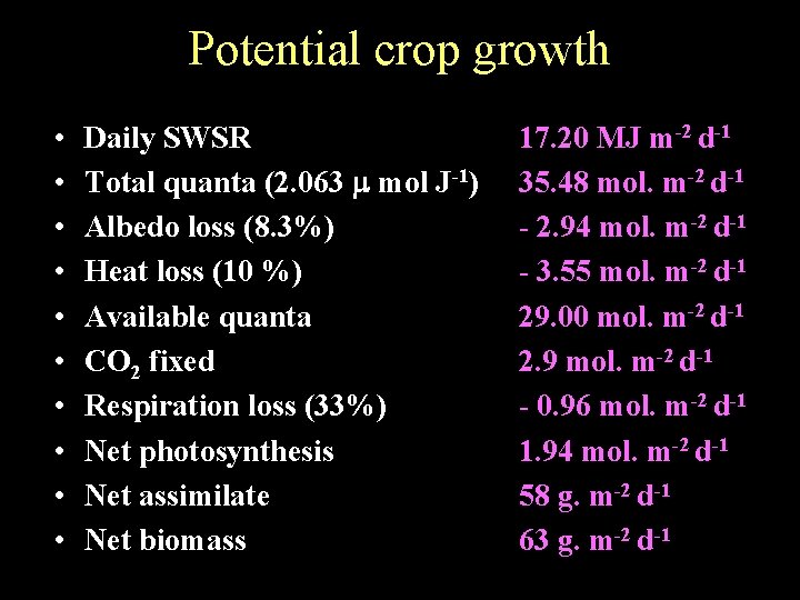Potential crop growth • • • Daily SWSR Total quanta (2. 063 m mol