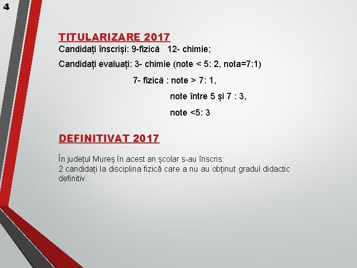 4 TITULARIZARE 2017 Candidați înscriși: 9 -fizică 12 - chimie; Candidați evaluați: 3 -