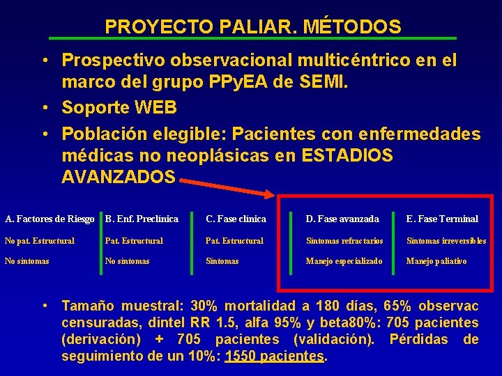 PROYECTO PALIAR. MÉTODOS • Prospectivo observacional multicéntrico en el marco del grupo PPy. EA