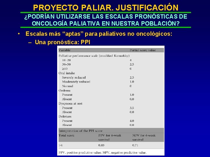 PROYECTO PALIAR. JUSTIFICACIÓN ¿PODRÍAN UTILIZARSE LAS ESCALAS PRONÓSTICAS DE ONCOLOGÍA PALIATIVA EN NUESTRA POBLACIÓN?