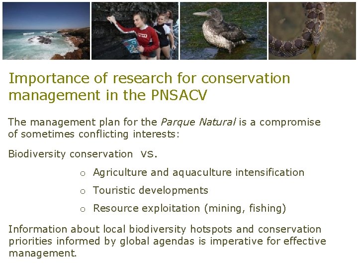 Importance of research for conservation management in the PNSACV The management plan for the