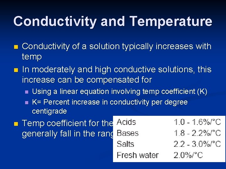 Conductivity and Temperature n n Conductivity of a solution typically increases with temp In