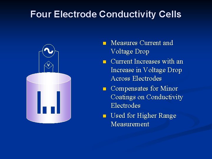 Four Electrode Conductivity Cells n V n n n Measures Current and Voltage Drop