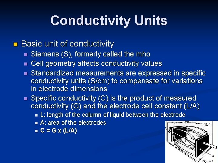 Conductivity Units n Basic unit of conductivity n n Siemens (S), formerly called the