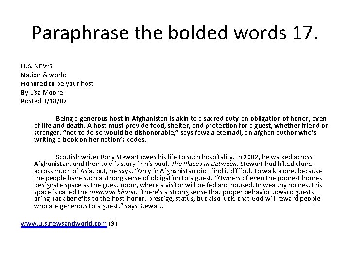 Paraphrase the bolded words 17. U. S. NEWS Nation & world Honored to be