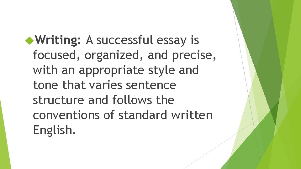  Writing: A successful essay is focused, organized, and precise, with an appropriate style