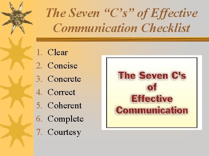 The Seven “C’s” of Effective Communication Checklist 1. 2. 3. 4. 5. 6. 7.