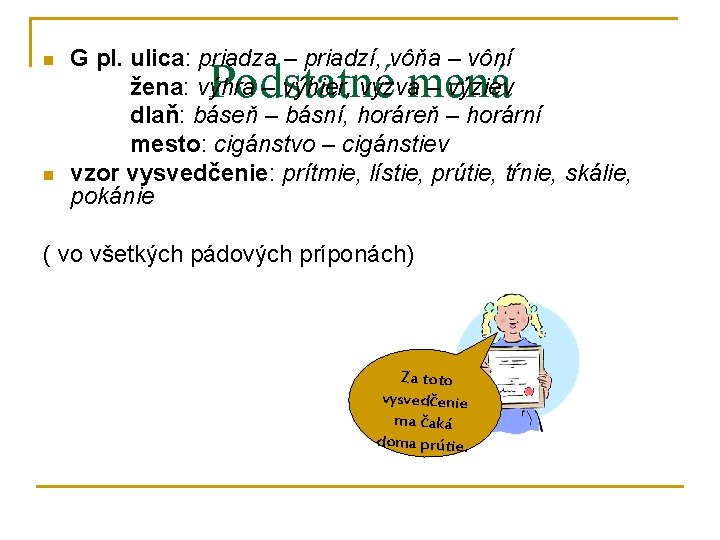 n n G pl. ulica: priadza – priadzí, vôňa – vôní žena: výhra –