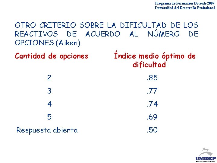 Programa de Formación Docente 2009 Universidad del Desarrollo Profesional OTRO CRITERIO SOBRE LA DIFICULTAD