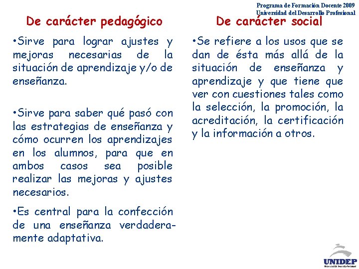 Programa de Formación Docente 2009 Universidad del Desarrollo Profesional De carácter pedagógico De carácter