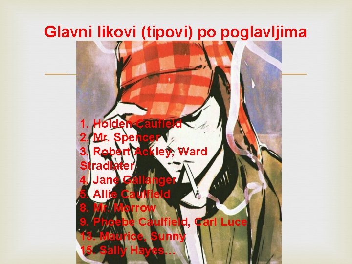 Glavni likovi (tipovi) po poglavljima 1. Holden Caufield 2. Mr. Spencer 3. Robert Ackley, Glavni likovi (tipovi) po poglavljima 1. Holden Caufield 2. Mr. Spencer 3. Robert Ackley,
