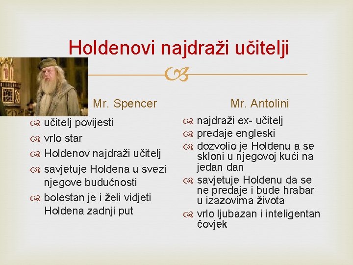 Holdenovi najdraži učitelji Mr. Spencer učitelj povijesti vrlo star Holdenov najdraži učitelj savjetuje Holdena Holdenovi najdraži učitelji Mr. Spencer učitelj povijesti vrlo star Holdenov najdraži učitelj savjetuje Holdena