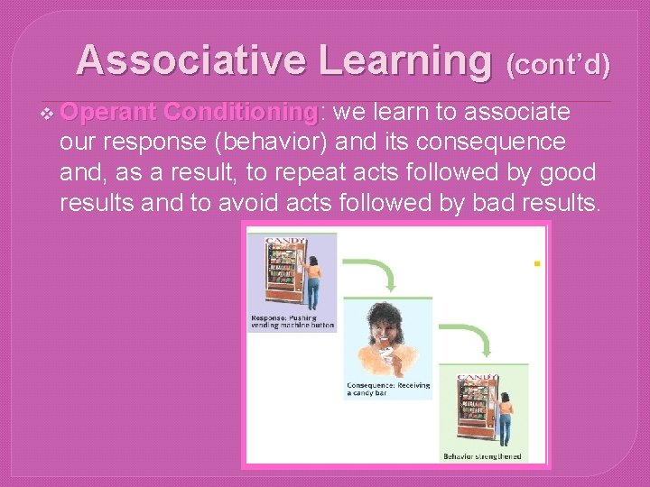 Associative Learning (cont’d) v Operant Conditioning: Conditioning we learn to associate our response (behavior)