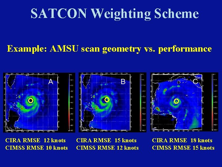 SATCON Weighting Scheme Example: AMSU scan geometry vs. performance A CIRA RMSE 12 knots SATCON Weighting Scheme Example: AMSU scan geometry vs. performance A CIRA RMSE 12 knots