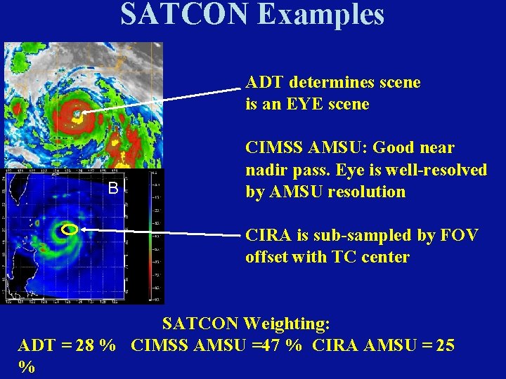 SATCON Examples ADT determines scene is an EYE scene B CIMSS AMSU: Good near SATCON Examples ADT determines scene is an EYE scene B CIMSS AMSU: Good near