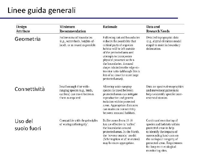 Linee guida generali Geometria Connettività Uso del suolo fuori 