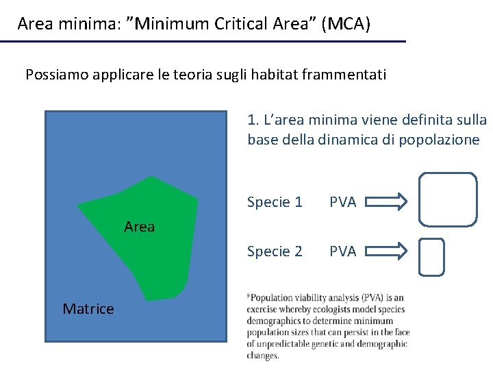 Area minima: ”Minimum Critical Area” (MCA) Possiamo applicare le teoria sugli habitat frammentati 1.