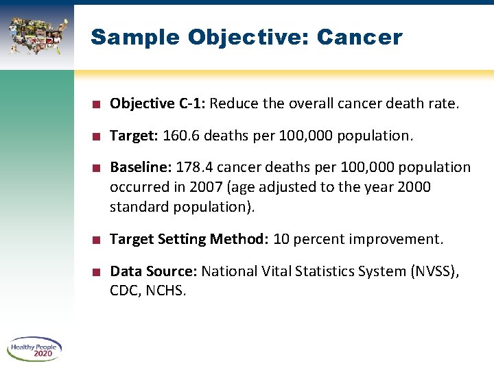 Sample Objective: Cancer ■ Objective C-1: Reduce the overall cancer death rate. ■ Target: