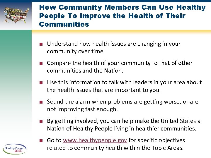 How Community Members Can Use Healthy People To Improve the Health of Their Communities