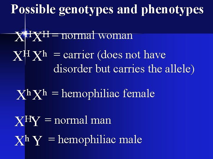 Possible genotypes and phenotypes XH XH = normal woman H h X X =