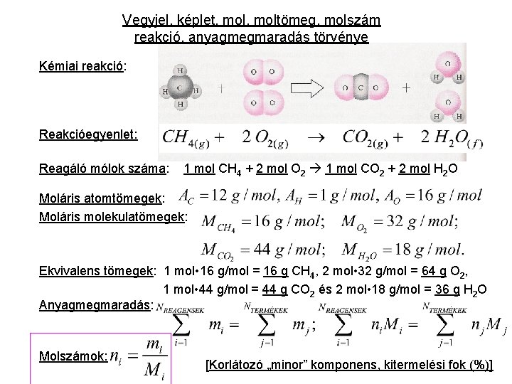 Vegyjel, képlet, moltömeg, molszám reakció, anyagmegmaradás törvénye Kémiai reakció: Reakcióegyenlet: Reagáló mólok száma: 1