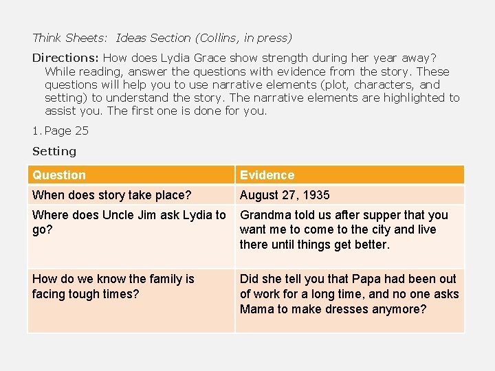 Think Sheets: Ideas Section (Collins, in press) Directions: How does Lydia Grace show strength