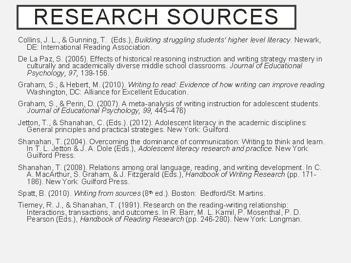 RESEARCH SOURCES Collins, J. L. , & Gunning, T. (Eds. ), Building struggling students'
