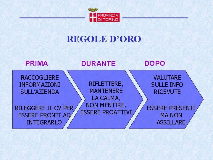 REGOLE D’ORO PRIMA RACCOGLIERE INFORMAZIONI SULL’AZIENDA RILEGGERE IL CV PER ESSERE PRONTI AD INTEGRARLO