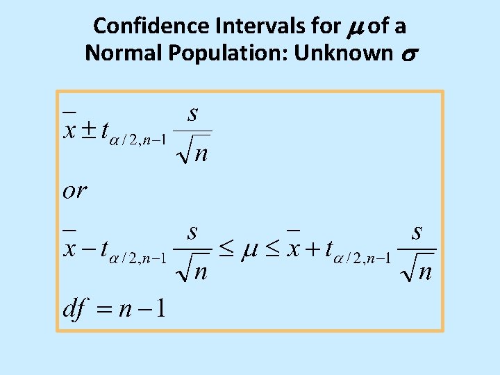 Confidence Intervals for of a Normal Population: Unknown Confidence Intervals for of a Normal Population: Unknown