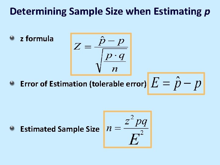 Determining Sample Size when Estimating p z formula Error of Estimation (tolerable error) Estimated Determining Sample Size when Estimating p z formula Error of Estimation (tolerable error) Estimated