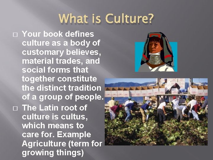 What is Culture? � � Your book defines culture as a body of customary