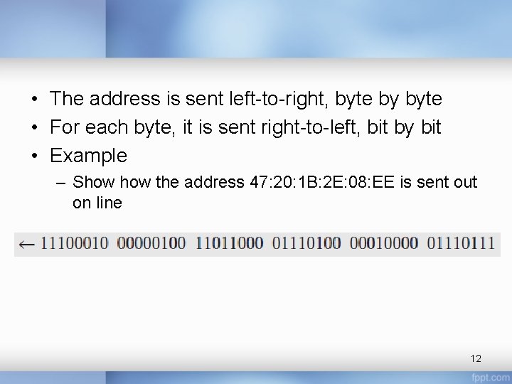 • The address is sent left-to-right, byte by byte • For each byte,