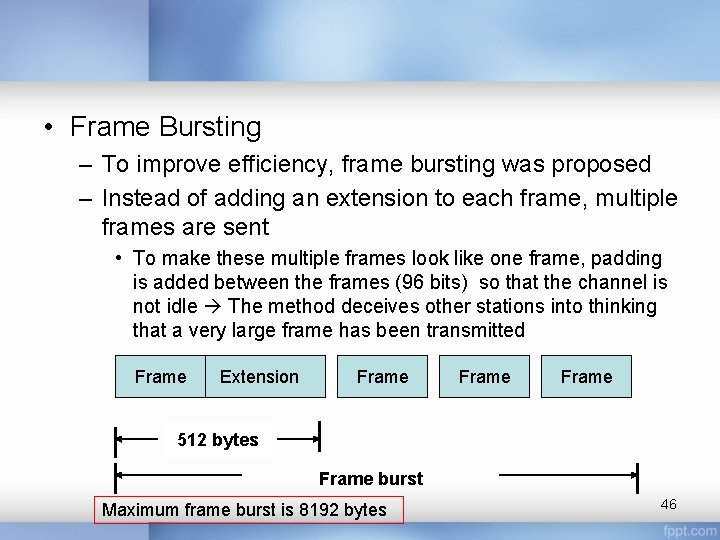  • Frame Bursting – To improve efficiency, frame bursting was proposed – Instead