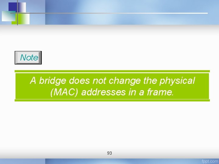 Note A bridge does not change the physical (MAC) addresses in a frame. 93