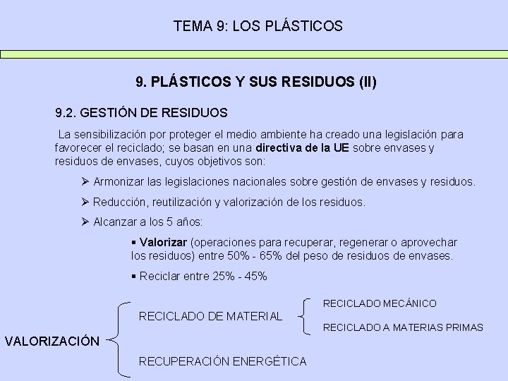 TEMA 9: LOS PLÁSTICOS 9. PLÁSTICOS Y SUS RESIDUOS (II) 9. 2. GESTIÓN DE TEMA 9: LOS PLÁSTICOS 9. PLÁSTICOS Y SUS RESIDUOS (II) 9. 2. GESTIÓN DE