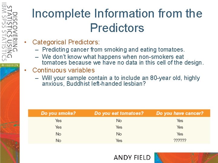 Incomplete Information from the Predictors • Categorical Predictors: – Predicting cancer from smoking and