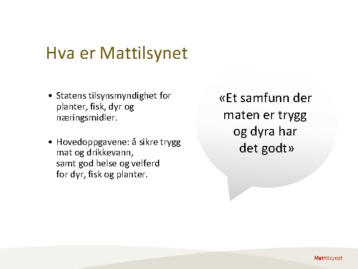 Hva er Mattilsynet • Statens tilsynsmyndighet for planter, fisk, dyr og næringsmidler. • Hovedoppgavene: Hva er Mattilsynet • Statens tilsynsmyndighet for planter, fisk, dyr og næringsmidler. • Hovedoppgavene: