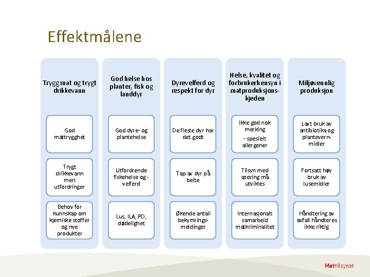 Effektmålene Trygg mat og trygt drikkevann God helse hos planter, fisk og landdyr Dyrevelferd Effektmålene Trygg mat og trygt drikkevann God helse hos planter, fisk og landdyr Dyrevelferd