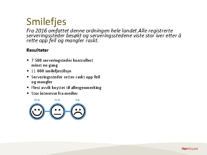 Smilefjes Fra 2016 omfattet denne ordningen hele landet. Alle registrerte serveringssteder besøkt og serveringsstedene Smilefjes Fra 2016 omfattet denne ordningen hele landet. Alle registrerte serveringssteder besøkt og serveringsstedene