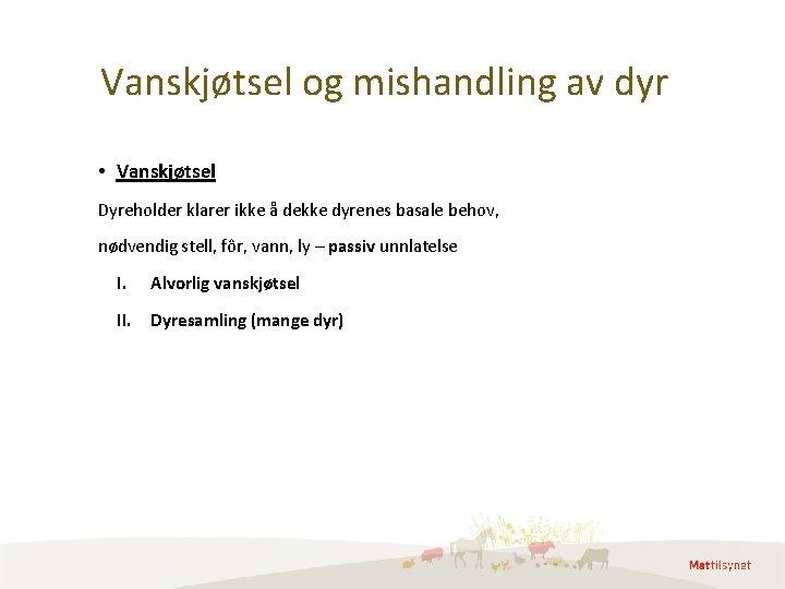 Vanskjøtsel og mishandling av dyr • Vanskjøtsel Dyreholder klarer ikke å dekke dyrenes basale Vanskjøtsel og mishandling av dyr • Vanskjøtsel Dyreholder klarer ikke å dekke dyrenes basale