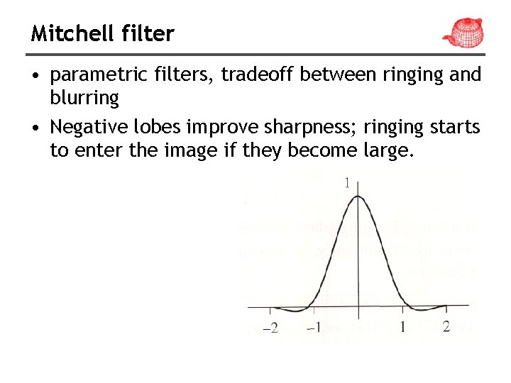 Mitchell filter • parametric filters, tradeoff between ringing and blurring • Negative lobes improve