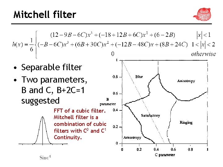 Mitchell filter • Separable filter • Two parameters, B and C, B+2 C=1 suggested