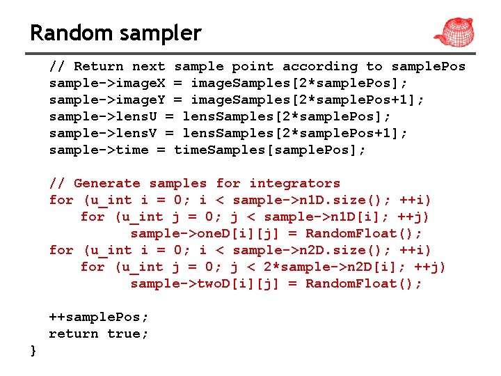 Random sampler // Return next sample point according to sample. Pos sample->image. X =