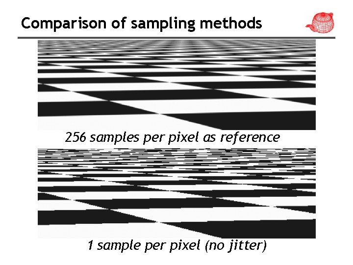 Comparison of sampling methods 256 samples per pixel as reference 1 sample per pixel